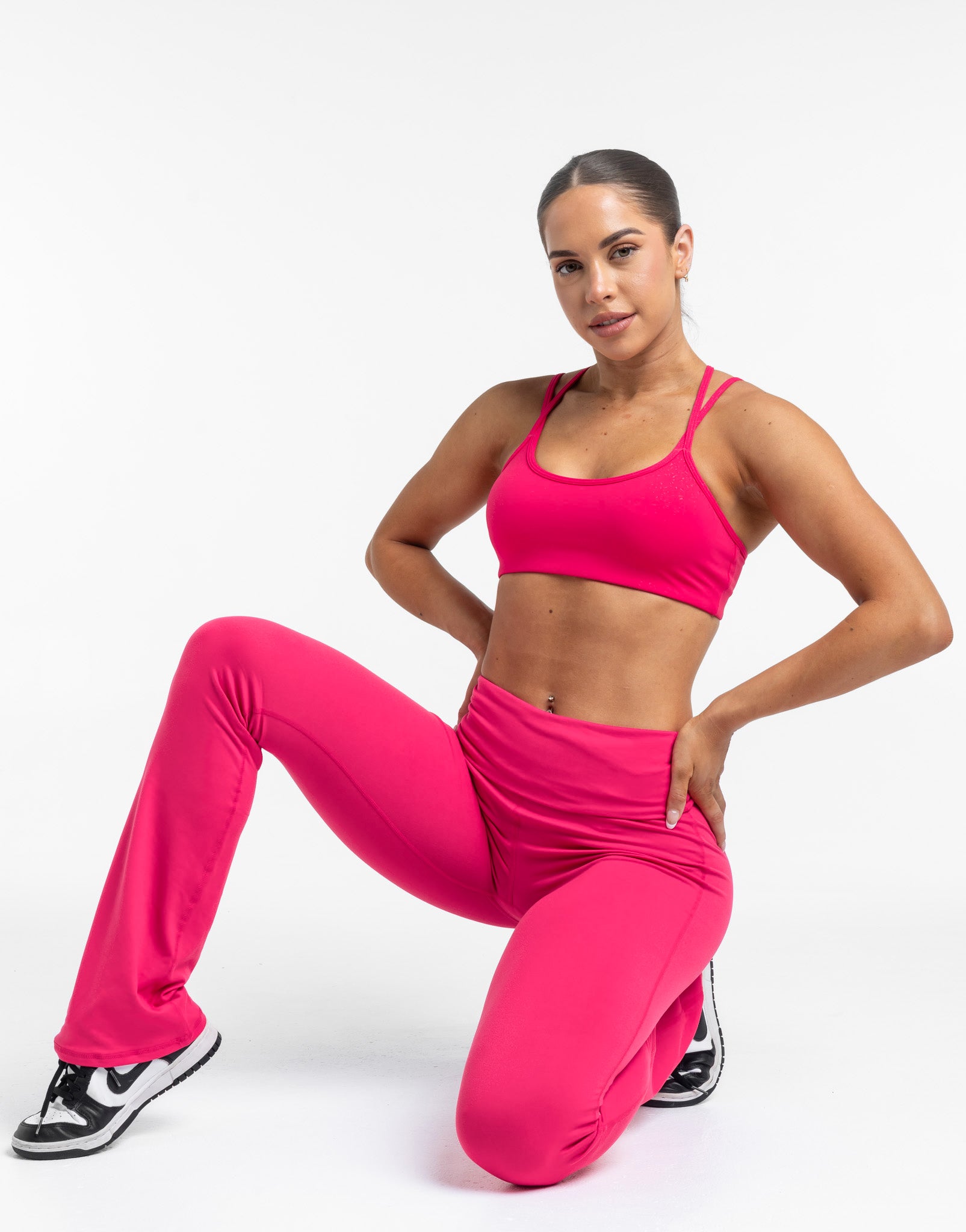 Fold Over Flare Leggings - Bright Pink