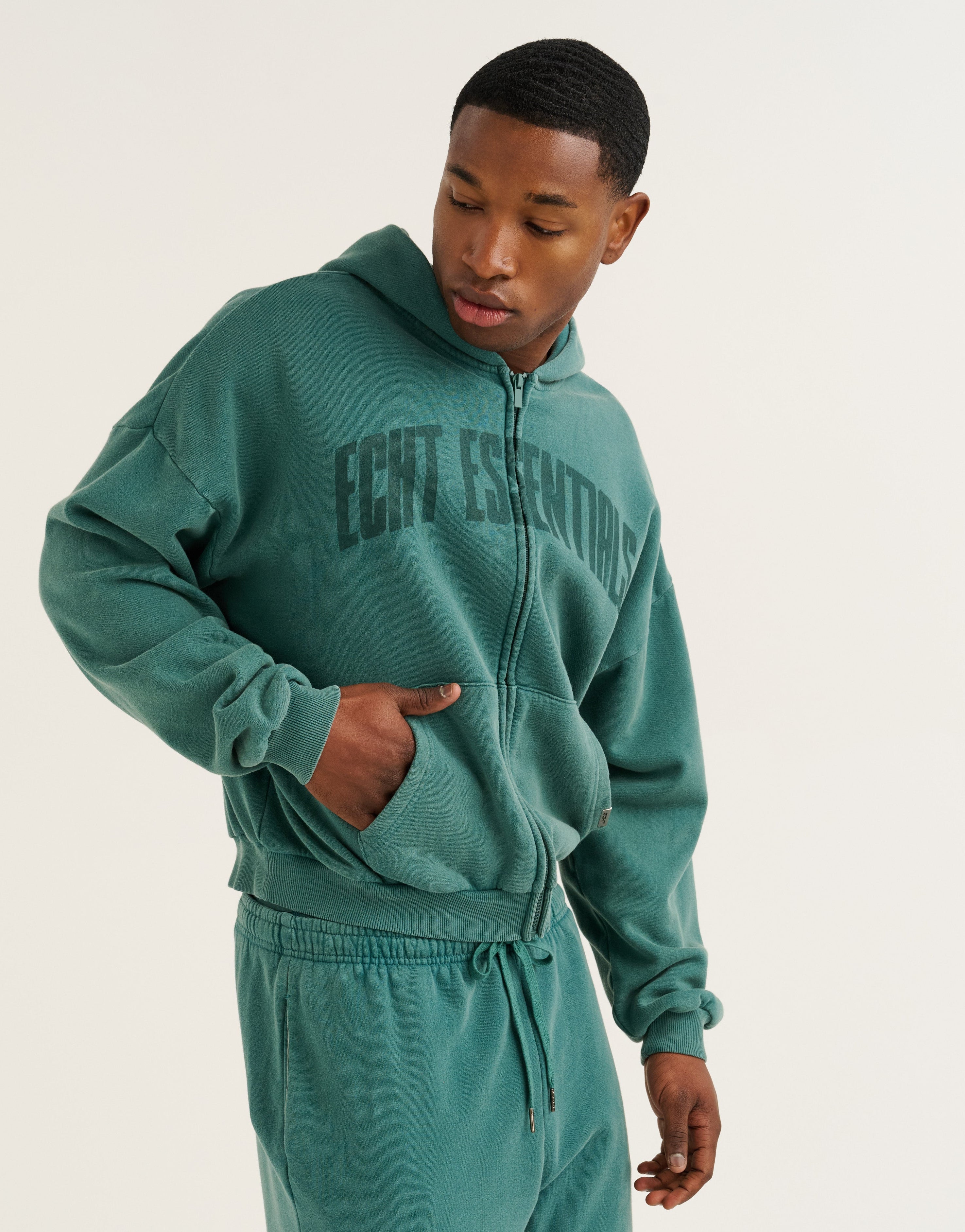 College Combed Fleece Zip-Up Hoodie - Teal