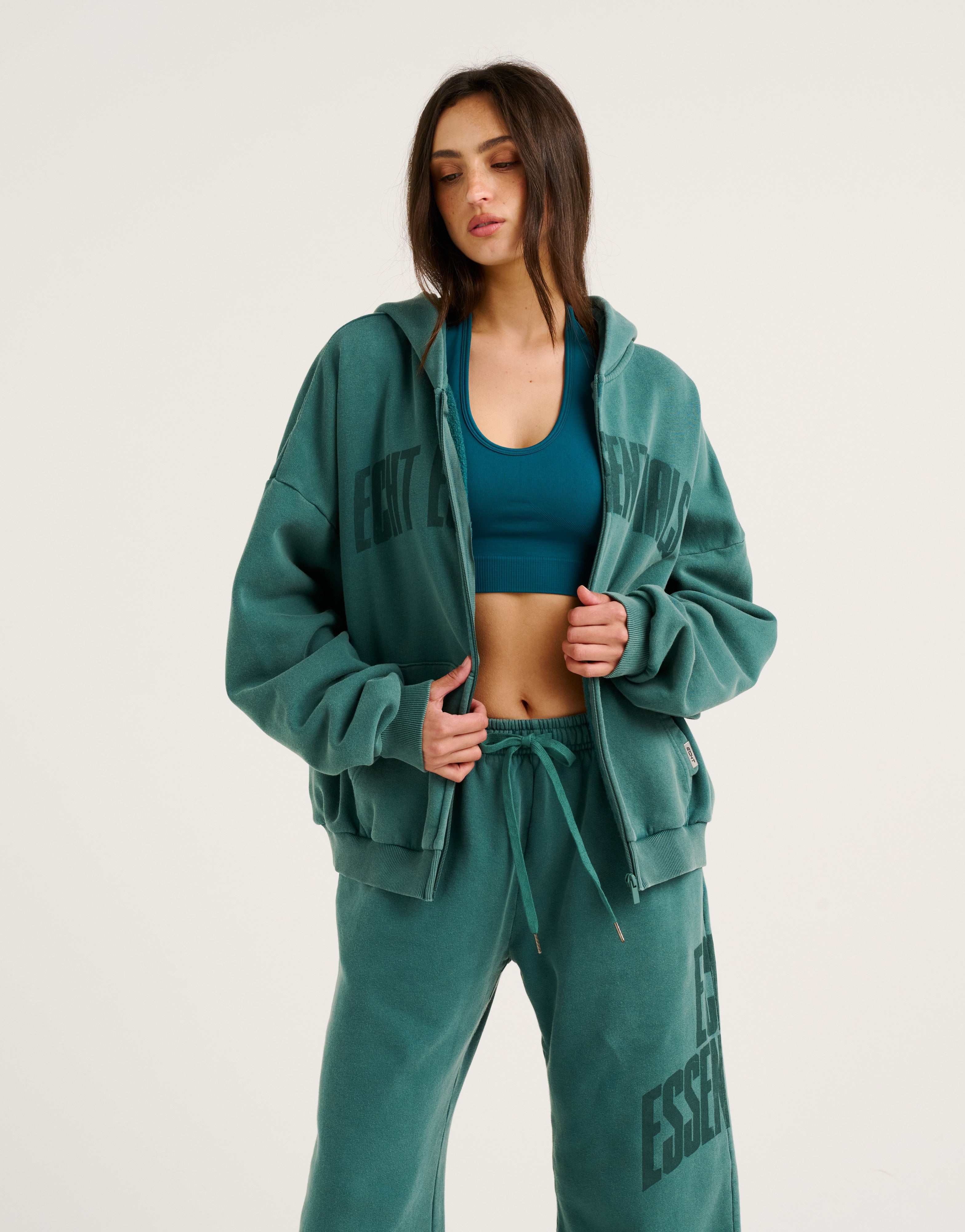College Combed Fleece Zip-Up Hoodie - Teal
